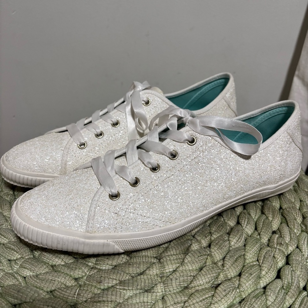 Kate Spade Trista Sneakers White Glitter Ribbon Lace Up Sneakers Size 10.5